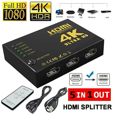 5 Port HDMI 4K Switch Switcher Selector Splitter Hub IR Remote For HDTV 1080p UK • £6.99