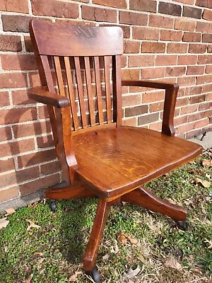 Antique Solid Oak Wooden Bankers/Lawyers Desk Office Chair W/Arms Tilt Swivel • $479.99