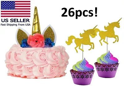 26pc Unicorn Birthday Party Decorations - Gold Cupcake Toppers + Cake Topper USA • $6.99