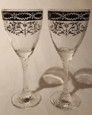 2 Elegant Silver Overlay Wine Glasses With Twisted Stem Crystal Stemware  • $49