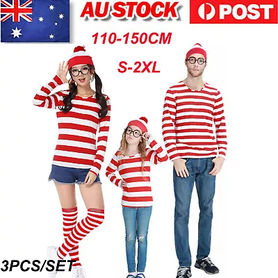 Wheres Wally Beanie Glasses Red & White Stripe Shirt Costume Set Cosplay Party • $27.99