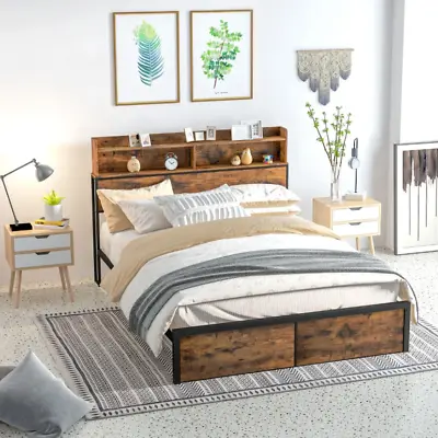 Large Bed Frame King Size Bedroom Furniture Rustic Metal Industrial Headboard • £187.77