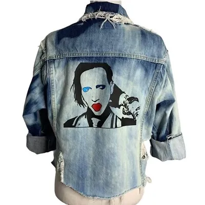 Destroyed Marilyn Manson Denim Jacket M Bleached Blue Studded Heavy Metal Custom • $350