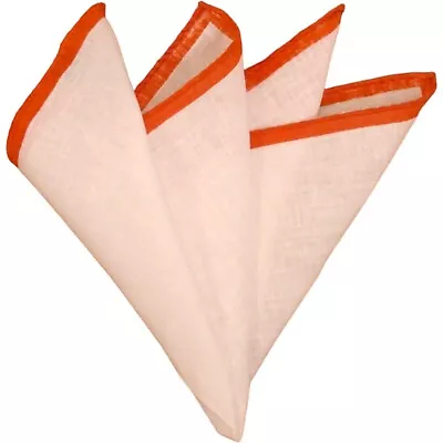 Mens Pocket Square 100% Linen Handkerchief White Burnt Orange Border Hanky 13  • $13.39