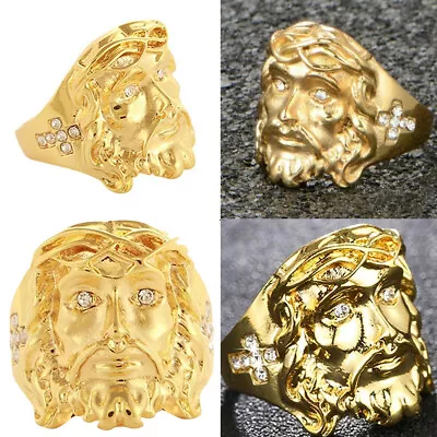 US Mens Gold Plated Cross Jesus Christ Face Ring Stainless Steel Size 8-11 • $11.49