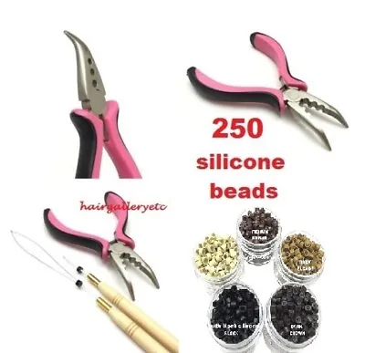 250 Silicone Micro Rings Beads Feather Hair Extension COMPLETE TOOL KIT HOOK • $13.99