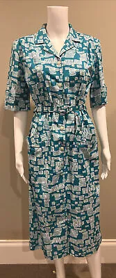 $35 • Buy VINTAGE Styled By Tosol Dress 10 - Cotton Belted Two Pocket Print Dress - Sz 10