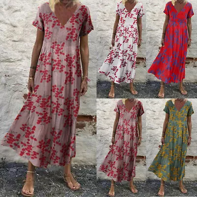 £14.99 • Buy Womens Summer Short Sleeve V-Neck Floral Long Dress Cocktail Party Midi Dresses