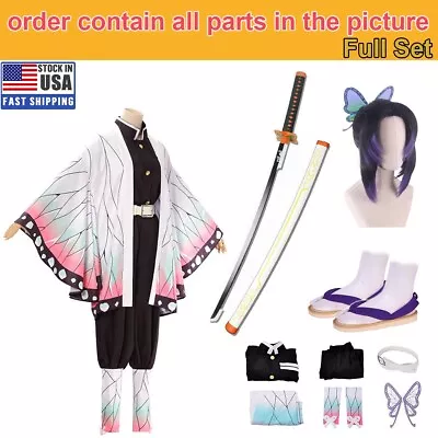 Demom Slayer Kimetsu No Yaiba Kochou Shinobu Kimono Cosplay Costume +Shoes + Wig • $68.99