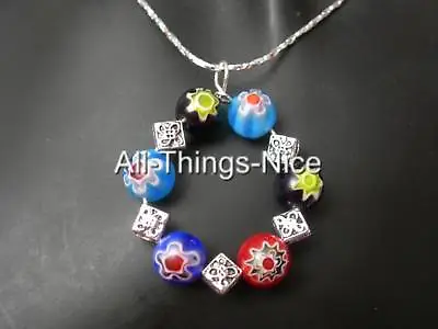 MILLEFIORI Murano Flower Glass 35mm Beadwork Pendant Necklace Chain Jewellery • £3
