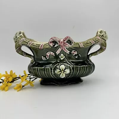 Italian Green Majolica DEPOSE Planter/CachePot Centerpiece Display Bow & Floral • $88