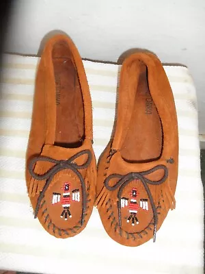 Comfortable Indian Moccasin Shoe Brown Suede Leather Seed Bead Thunderbird 7 • $19.95