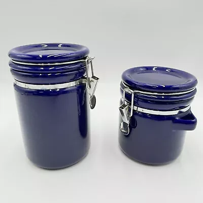 Set Of 2 Kitchen Storage Canisters Blue Ceramic Metal Clasp 8” & 6” By 5” • $28.95