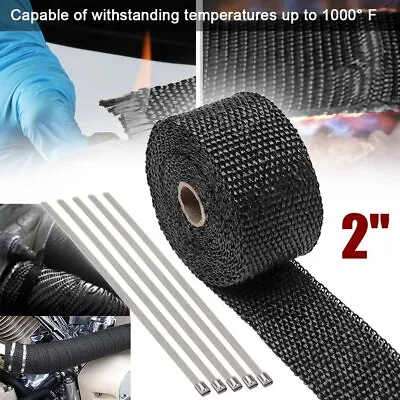 2  Black Exhaust Heat Wrap Roll For Motorcycle Fiberglass Heat Shield Tape W/Tie • $11.59