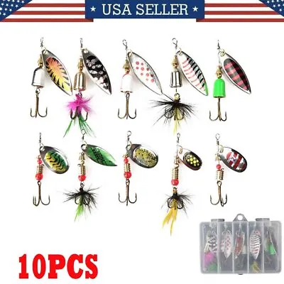 10pcs Fishing Lures Spinnerbaits Bass Trout Salmon Hard Metal Spinner Baits Box • $9.99