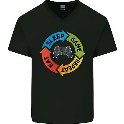 Gaming Eat Sleep Game Repeat Gamer Mens V-Neck Cotton T-Shirt • £9.99