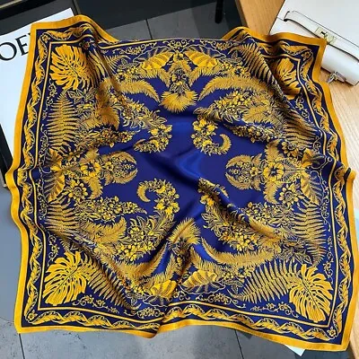 100% Pure Silk 27  Square Scarf Women Neckerchief Wrap Vintage Blue Yellow Leaf • $13.72