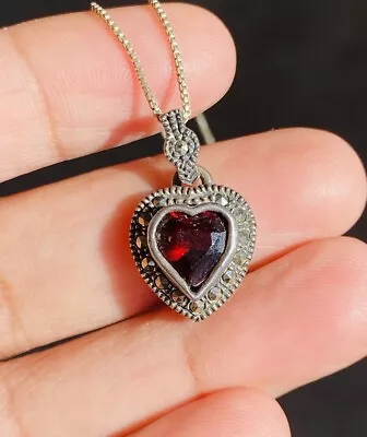 Dainty Vintage Sterling Silver 925 Garnet Heart Marcasite Pendant Chain Necklace • $24.99