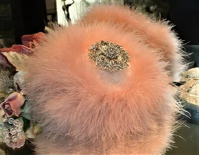 Dusting Body Powder White Puff Trimmed Dusty Rose Marabou Down Rhinestone • $34.95