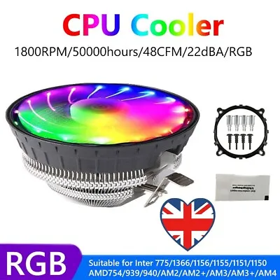 Cooling CPU Cooler Fan 3Pin 1800RPM RGB Silent Radiator For Intel LGA AMD 1151 • £9.19