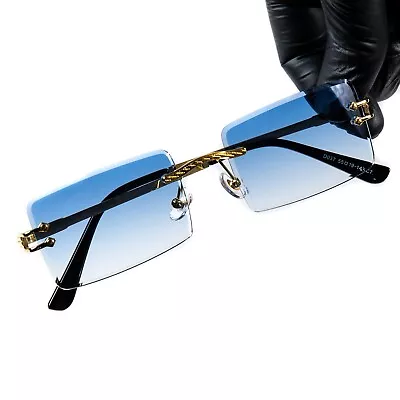 Vintage Mens Rectangle Retro Sky Blue Tint Gold Frame Rimless Hip Hop Sunglasses • $11.99