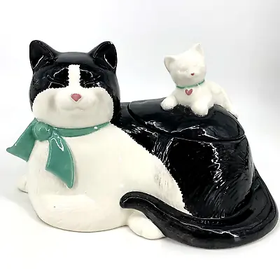 Vintage Tuxedo Cat Cookie Jar Mama Kitty W Baby Kitten On Back As Lid USA Made • $95