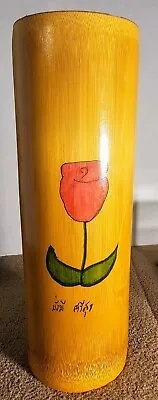 Vintage Signed Bamboo Rattan Tall Painted Rose Vase Handcrafted Thailand 8.75  • $13.20