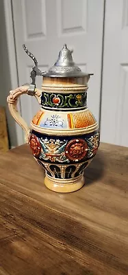 Vintage Gerz Beer Stein Round Ceramic Germany W Pewter Lid 10x6  1910 • $30