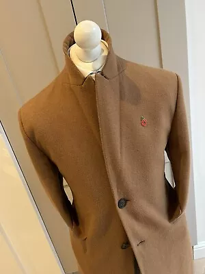 £34.99 • Buy Mens Camel Brown Sb Soft Wool Covert Over Coat L 40 42 Tweed Crombie Peak Lapel