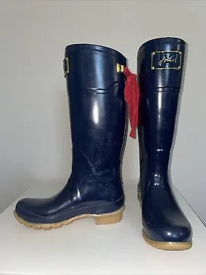 3495 Joules Evedon Rain Boots Women's US 6 UK 4 Navy Blue Tall Rubber Red Bow • $50