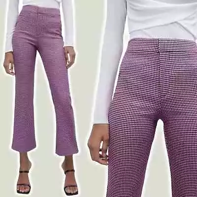 ZARA Houndstooth Mini Flare Trousers Sz Small Purple Black • $18.70
