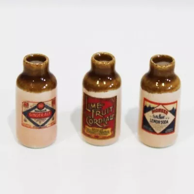 Dollhouse Miniature Stoneware Advertising Bottles Set Of 3 • $22