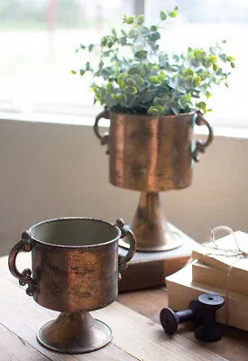 Antique Copper Finish Planters With Handles Flower Pot Pedestal Base ~ Set Of 2 • $88