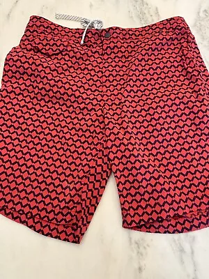 J CREW Men's 32 BOARD SHORTS Beach Swim Trunks Red Navy Drawstring Elastic • $18