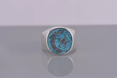 Sterling Silver Blue Turquoise Islam Crescent Star Band Ring Mex APB 925 Sz: 8.5 • $57.50