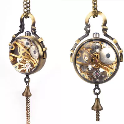 Retro Skeleton Mechanical Hand Wind Glass Ball Necklace Pendant Pocket Watch • $18.61