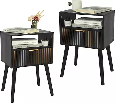 Black Nightstand With Drawer Bedside Table Set Of 2 Mid Century Modern Nightst • $216.88