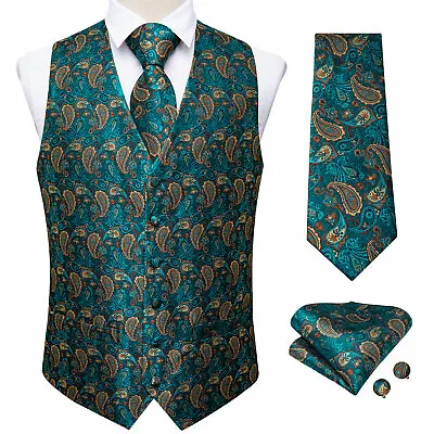 Formal Vest Tie Set Paisley Mens Silk Waistcoat Tuxedo Gilet Hankie Cufflinks US • $23.99