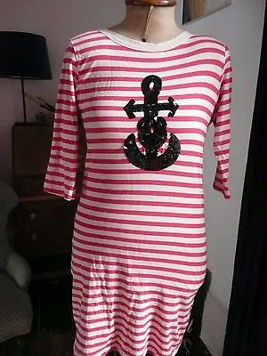 Striped Red & White Nautical Sailor Bodycon Breton Style Dress Sequin Anchor 10 • £8.99