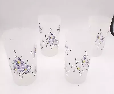 Vintage Set-4 Hand Painted Frosted Glass Tumbler Drinking Glasses Purple Flower • $14.95