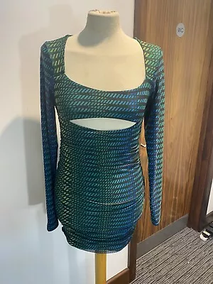 Oh Polly Cut Out Green Printed Ruched Bodycon Mini Dress Size 12 • £13