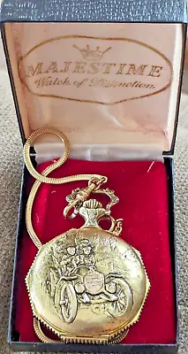 MAJESTIME POCKET WATCH Antique Car ENGRAVED +Box/Chain WORKS-Needs Bat Steampunk • $49.99