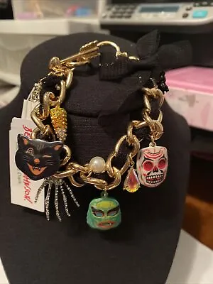 $40 • Buy Betsey Johnson RICH WITCH Gold Tone Glow Dark Masks Skeleton Cat Charms Bracelet