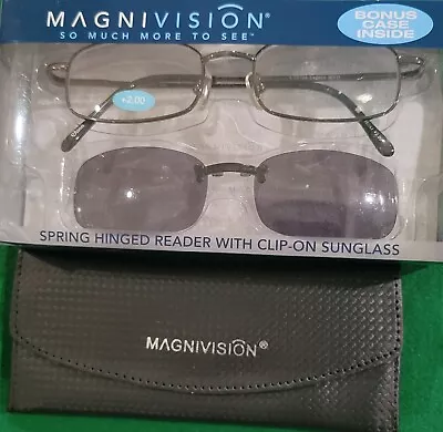 Foster Grant/Magnivision Reading Glasses +2.00 NEW W/CLIP -ON SUNGLASSES & CASE • $10.99