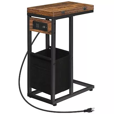 C Shaped Side Table With Charging Station Foldable End Table With Fabric Bag... • $63.88