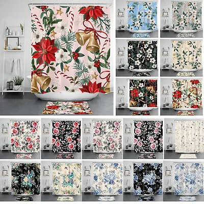 Butterfly Floral Candy Winter Christmas Shower Curtain Bathroom Accessories Set • $10.99