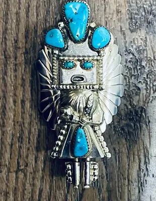 Signed Doris Smallcanyon Navajo Kachina Figure Sterling & Turquoise Black Bolo • $450