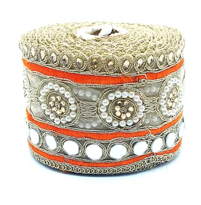 Mirror & Pearl Orange Lace GOLD Arab Indian Wedding Ribbon Crystal Applique • £4.87