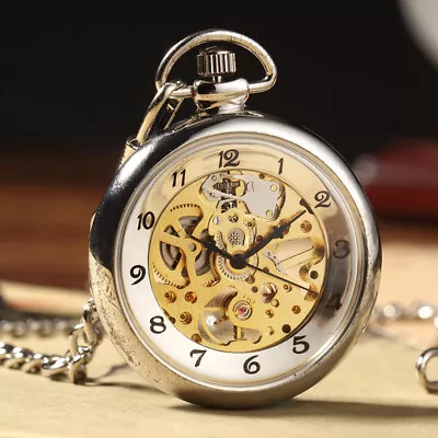 Classic Skeleton See Through Mechanical Stainless Steel Open Face Pocket Watch • £18.99