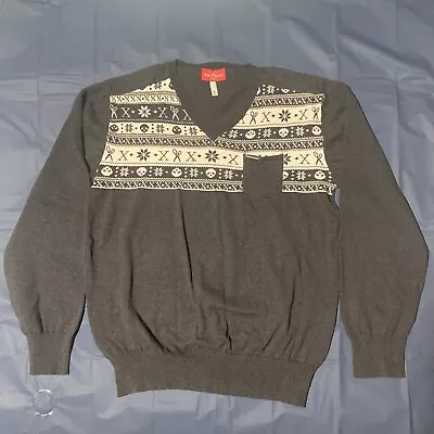 Marc Ecko Cut Sew V Neck Pullover Sweater Mens Large Scissors Skulls Grey • $15.99